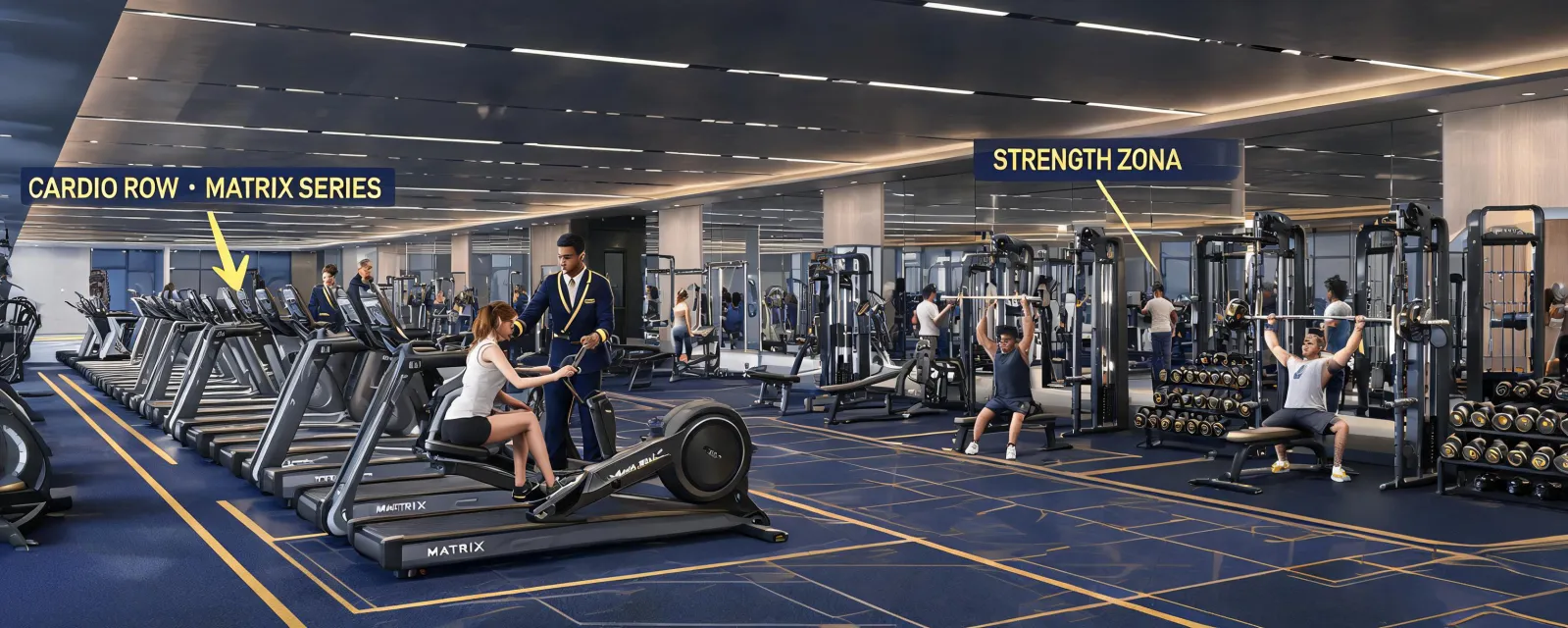 Commercial fitness floor with cardio and strength zones